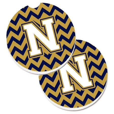 Carolines Treasures Letter N Chevron Navy Blue and Gold Set of 2 Cup Holder Car Coaster CJ1057-NCARC